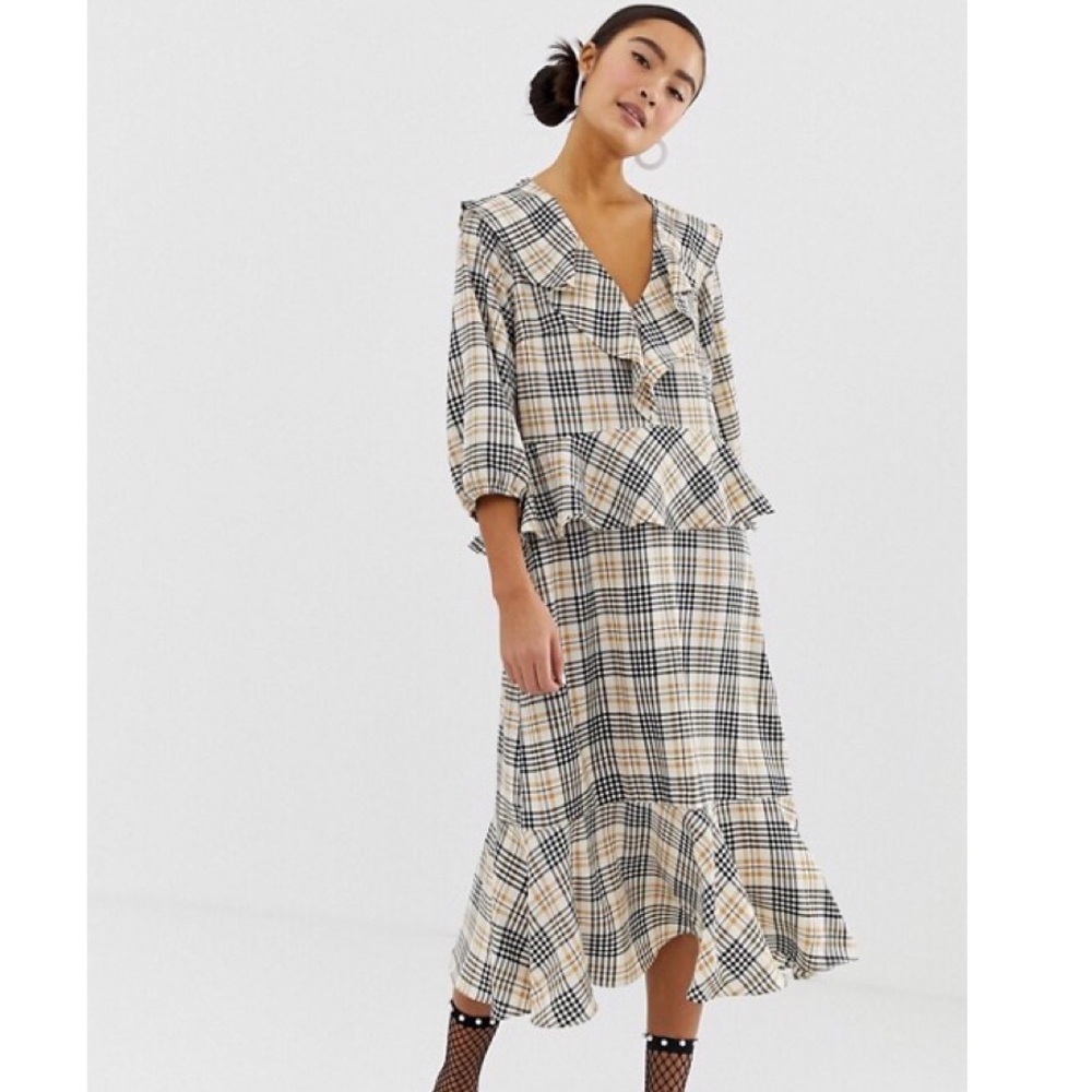 🆕 Monki Frill Detail Midi Dress in Check Print